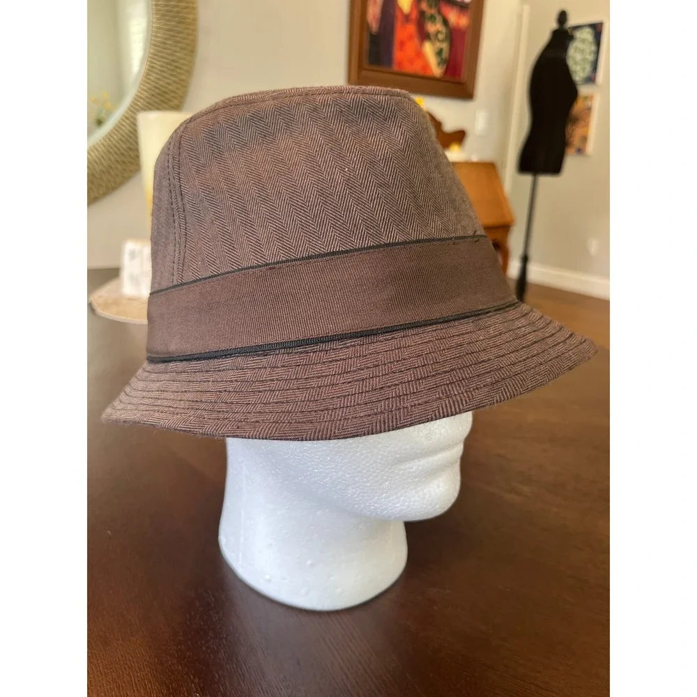 Dorfman Milano Brown Herringbone Fedora Hat Mens Large Stingy Brim Trilby Cap
